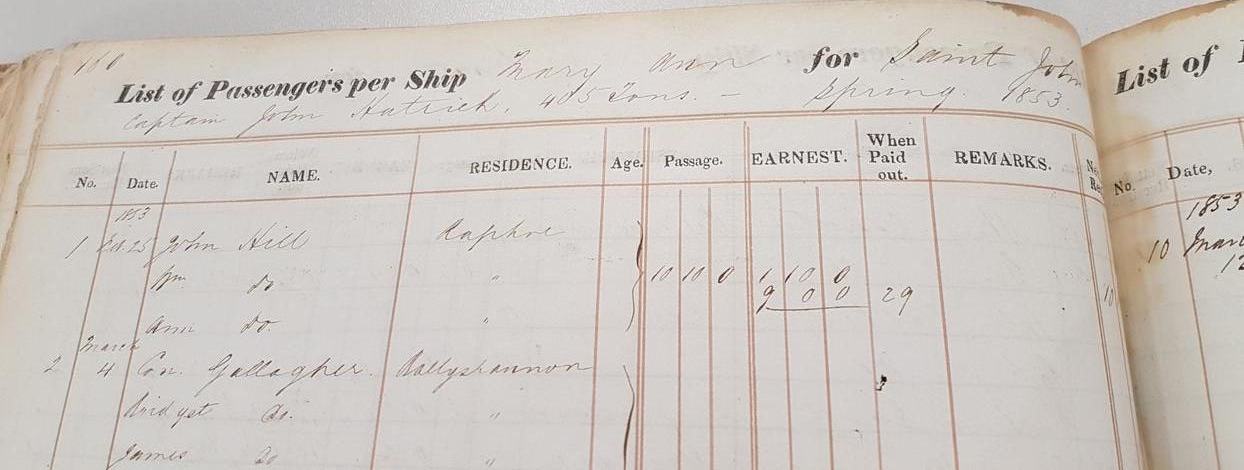 Ledger page headed List of Passengers per Ship Mary Ann for Saint John, spring 1853, with names including John Hill of Raphoe and Con Gallagher of Ballyshannon